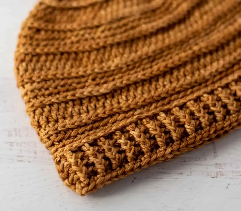 Up close view of Golden beer color crochet hat