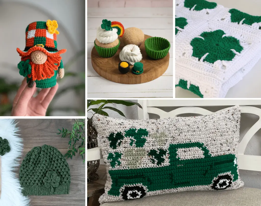 A collage of five images including a Ireland flag gnome, a cupcake pattern with small toppers, granny square afghans with four-leaf clovers in the granny square, a green beanie with a shamrock, and a green vintage truck pillow with shamrocks in the bed of the truck.