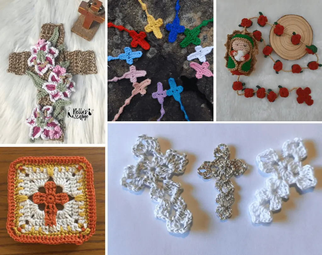 A collage of five crochet crosses, including. abeige cross with pink flowers, small crosses in multiple colors on the end of a rosary, a rose rosary with an amigurumi of our lady Guadalupe, a cross granny square, and lacy crochet crosses.