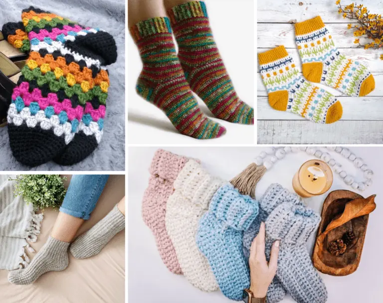 Collage of crochet socks, include Black crochet socks with stipes of color, multicolored crochet socks, mosaic crochet socks, grey crochet socks, and bulky yarn crochet socks