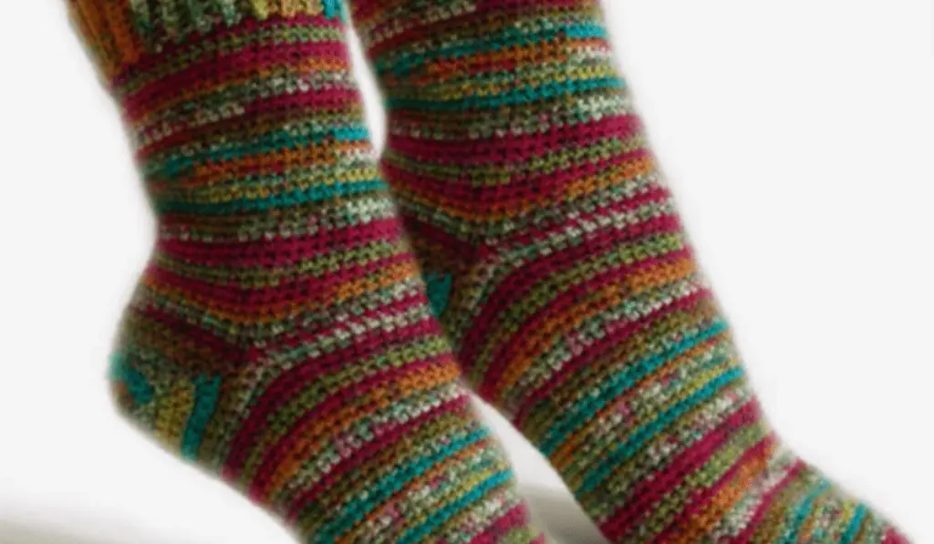 Multicolored crochet socks.