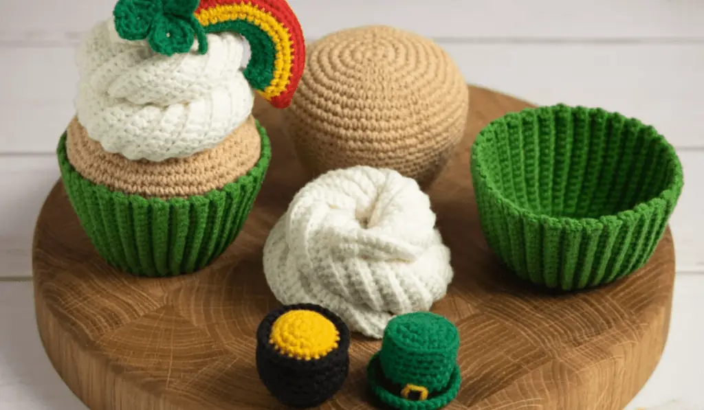 crochet cupcakes with a green wrapper and tiny crochet toppers, including a pot of gold, a leprechaun hat, and a rainbow with a four-leaf clover at the end.