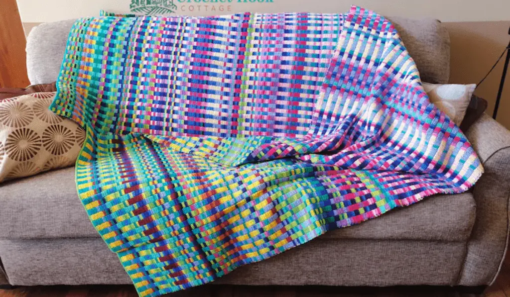 A temperature blanket with a multitude of lines to show highs and lows.