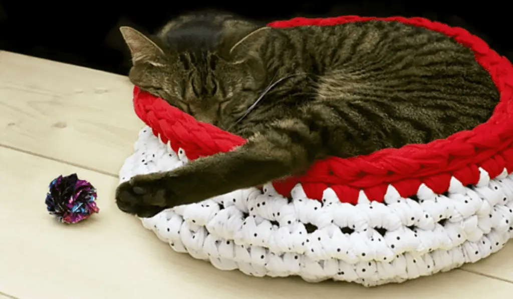 a bowl-shaped crochet cat bed made using bulky yarn.