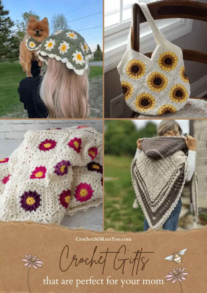 A Pinterest image that includes a collage with four patterns: puppy and me bandana, sunflower bag, a garden afghan, and a hooded crochet shawl