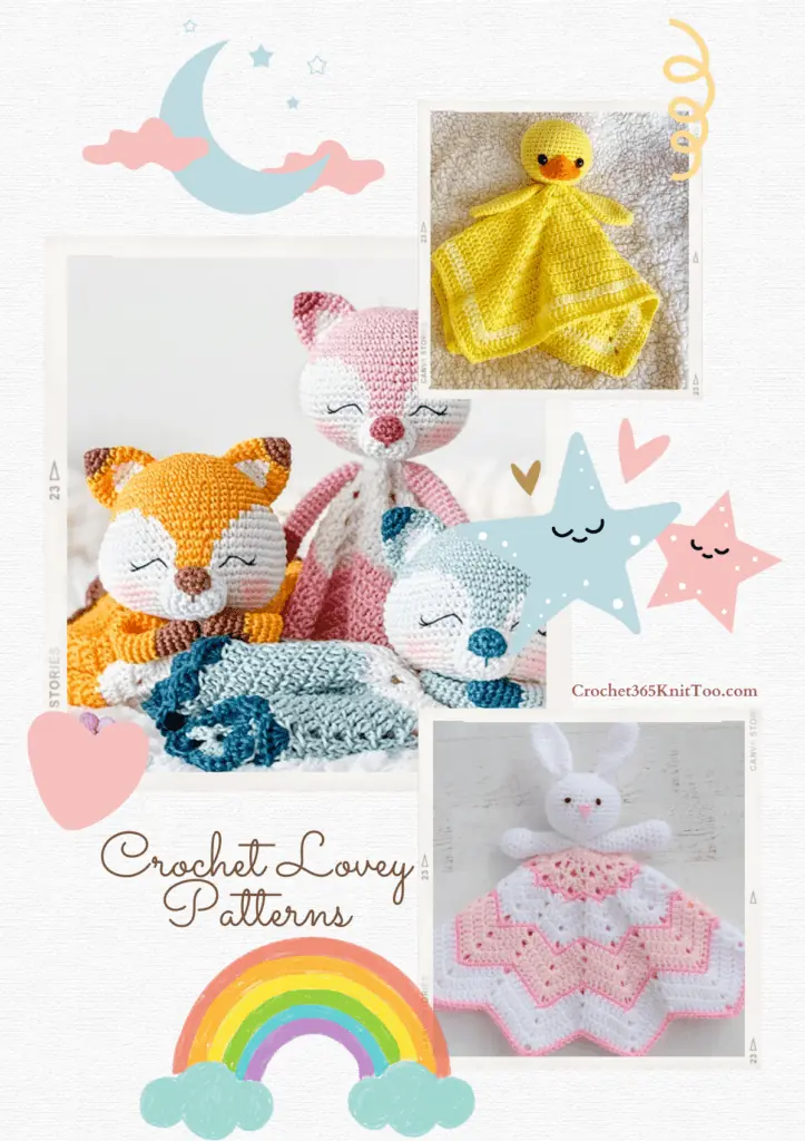 Pinterest image featuring a collage of three patterns, the duck lovey, the bunny lovey, and three of the fox lovies.