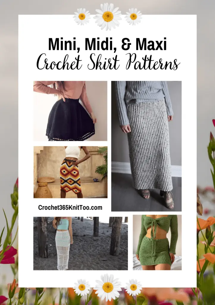 A Pinterest image for the crochet skirts post, includes a black crochet skater skirt, a diamond-designed crochet midi skirt, a long cozy crochet skirt, a maxi beach skirt, and a green crochet mini skirt.