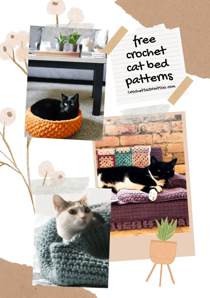 A collage featuring three cat beds, one is an orange bowl-shaped cat bed, one is a purple crochet couch, and one is a blue crochet cocoon bed.