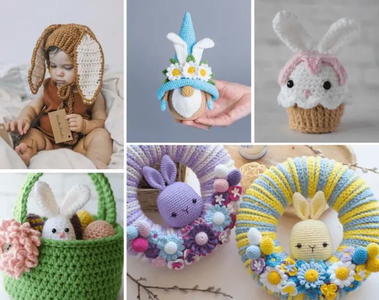 A collage of five crochet patterns, including a Easter bonnet with bunny ears, a crochet gnome with a blue hat and bunny ears, a crochet cupcake with bunny ears, a crochet basket with a bunny that looks like and egg in it, and two crochet wreaths, one that is purple and white, and one that is yellow and blue with amigurumi bunny heads in it.