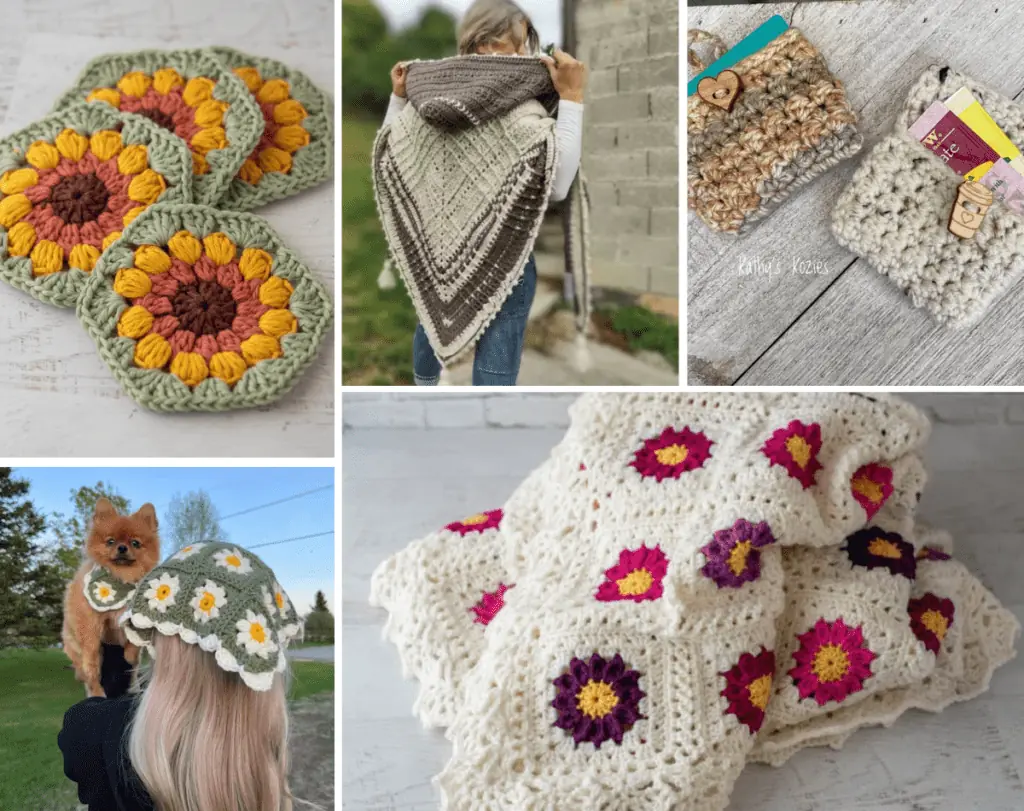 A collage of five crochet items, including sunflower coasters, a hooded shawl, gift card holders, puppy and me matching bandanas, and a flower afghan with pink and purple flowers.