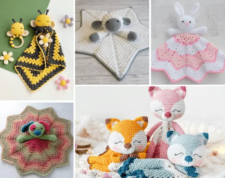 Five crochet lovey patterns, including a bee crochet lovey, a sheep crochet lovey, a bunny crochet lovey, a puppy crochet lovey, and a fox crochet lovey.