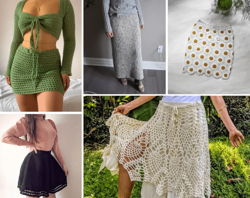 A collage featured a green crochet mini skirt, a cozy long skirt, a daisy crochet mini skirt, a black crochet skater skirt, and a lacy crochet midi skirt.