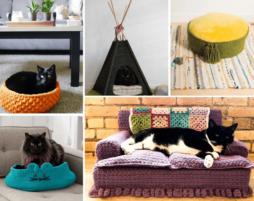 A collage featuring five crochet cat beds, which includes an orange cat bed, a green cat tent, a green cat nest, a blue bowl-shaped cat bed, and a purple crochet couch cat bed.