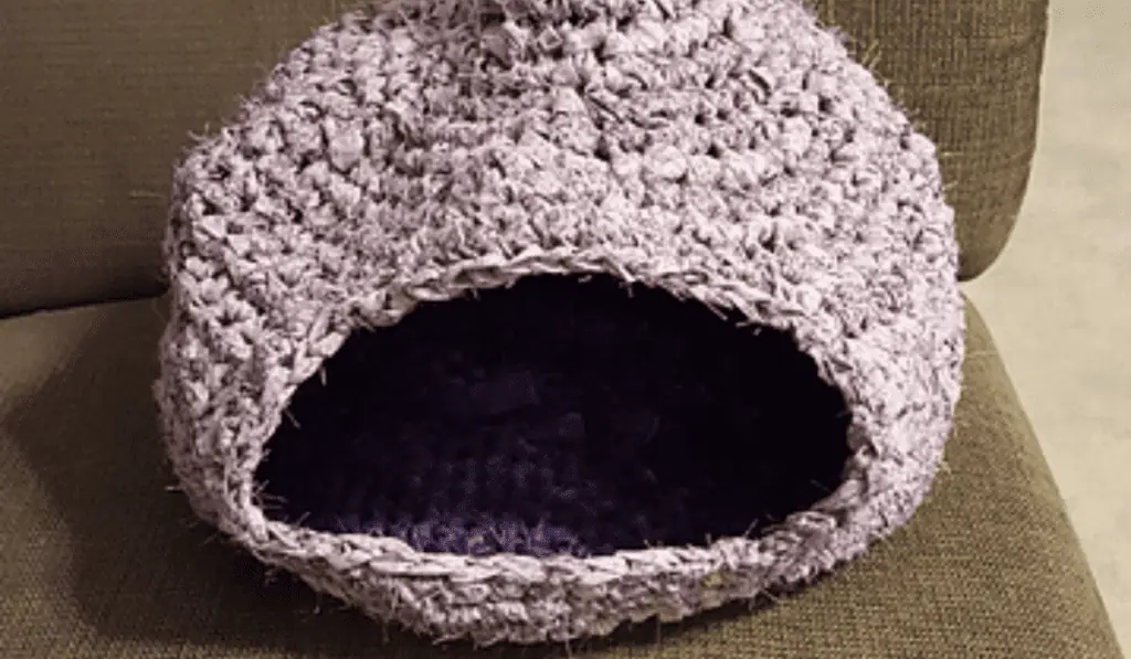 Grey crochet cat cave bed.