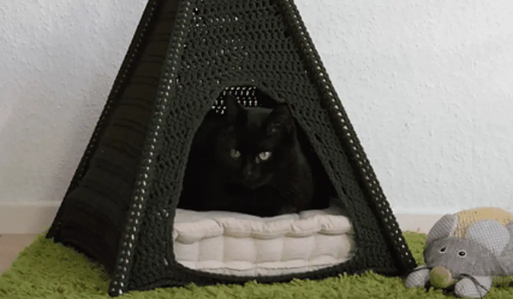 A green crochet cat tent bed.