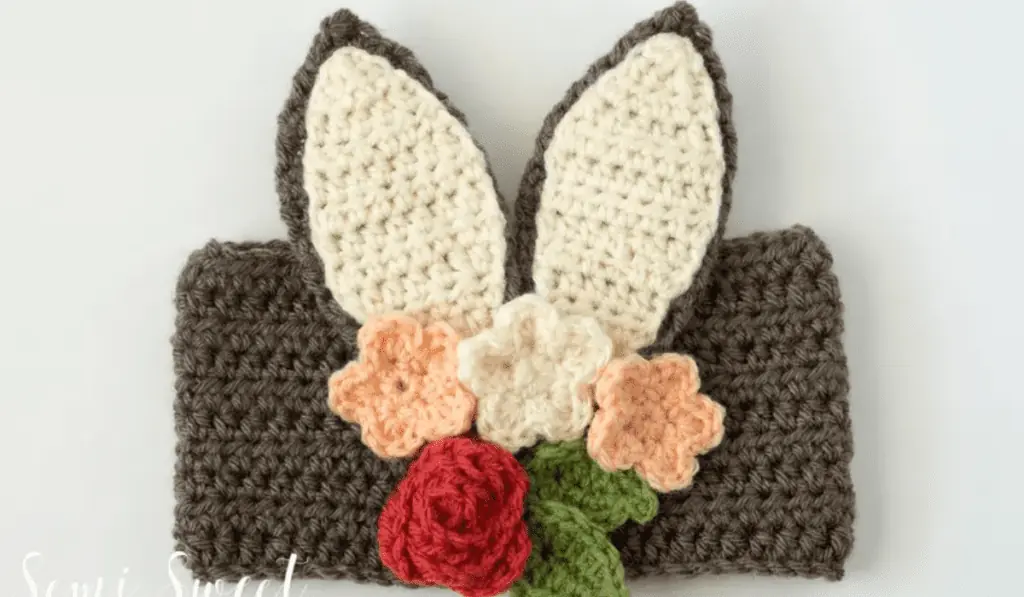 A crochet bunny headband.