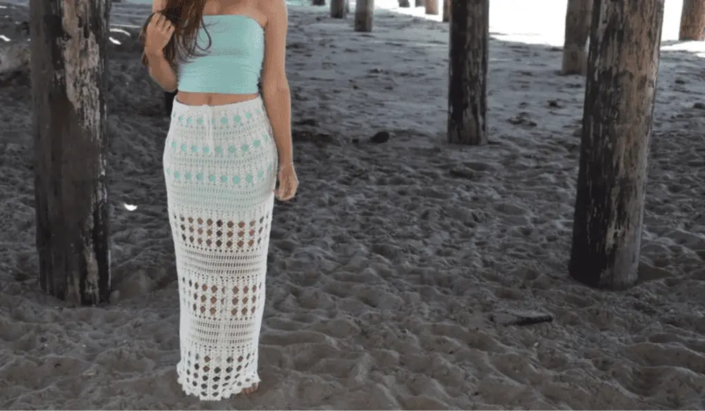 A crochet maxi skirt with lots of diamond cut-outs