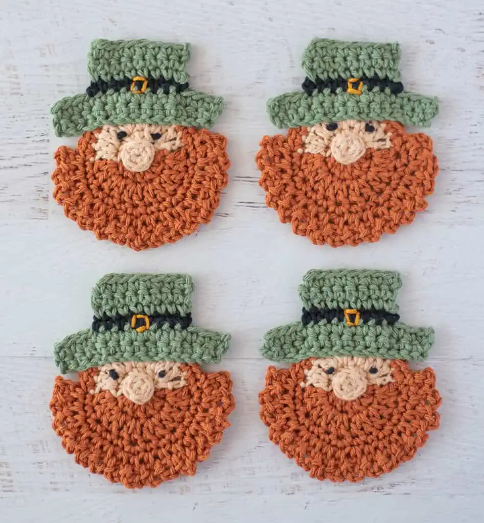 Four Leprechaun St Patrick's Day crochet coasters