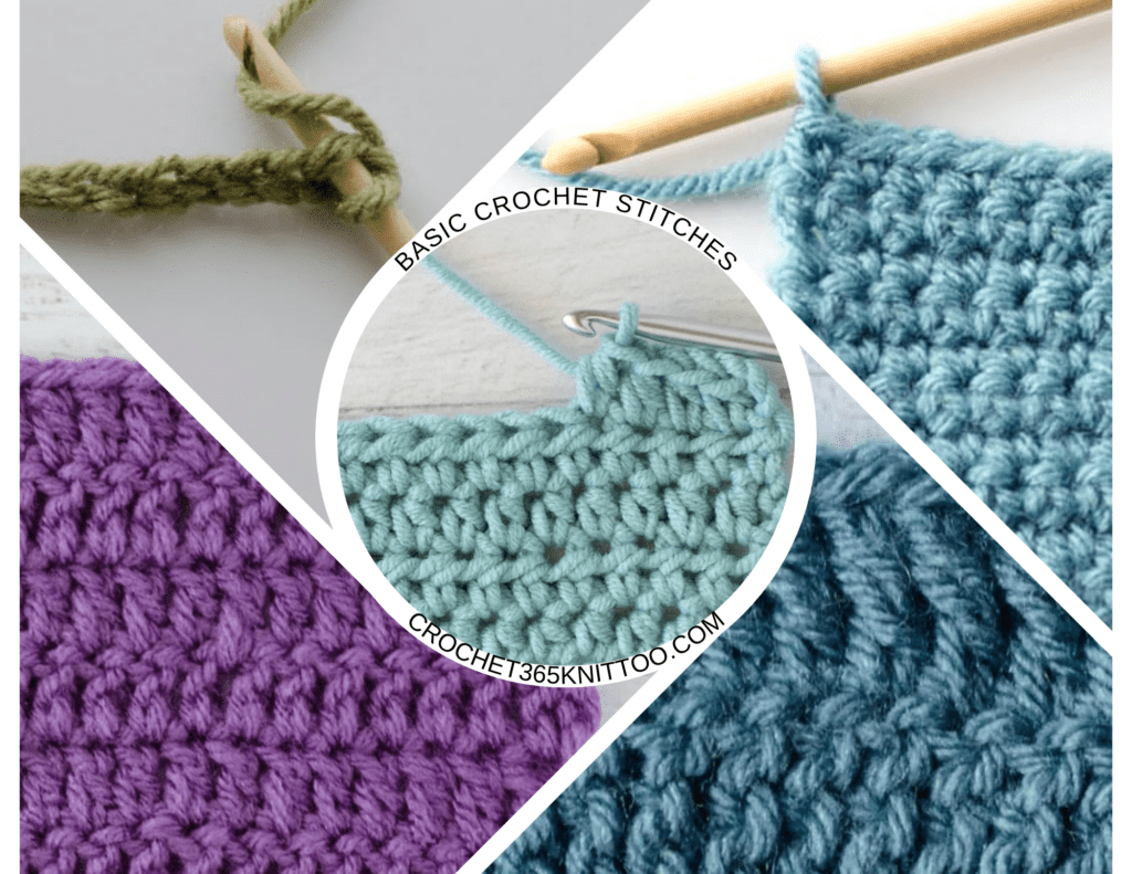 Collage of basic crochet stitches and crochet hooks in blue, purple and green yarn