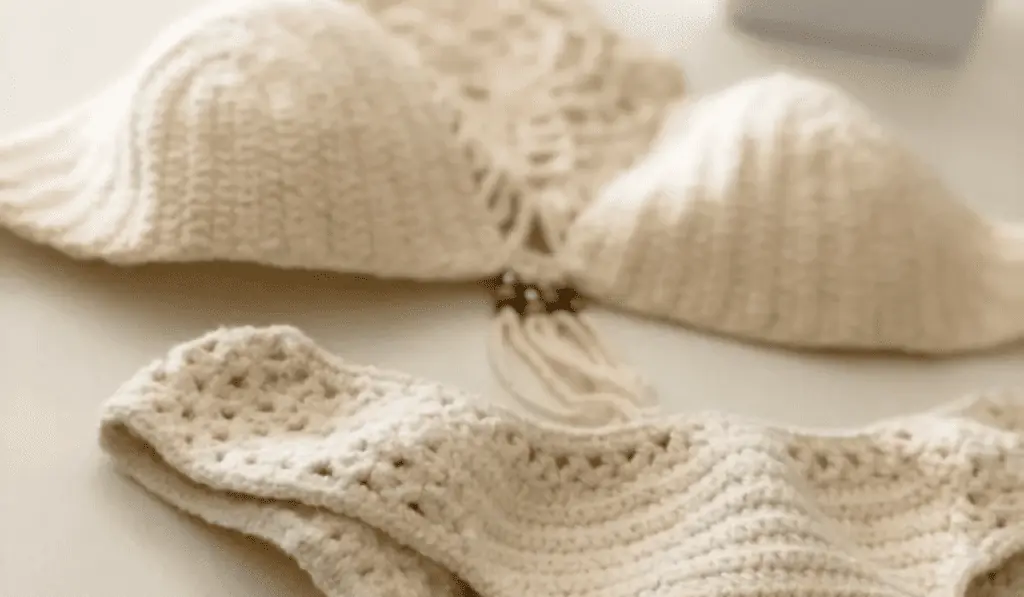 A white crochet halter bikini.