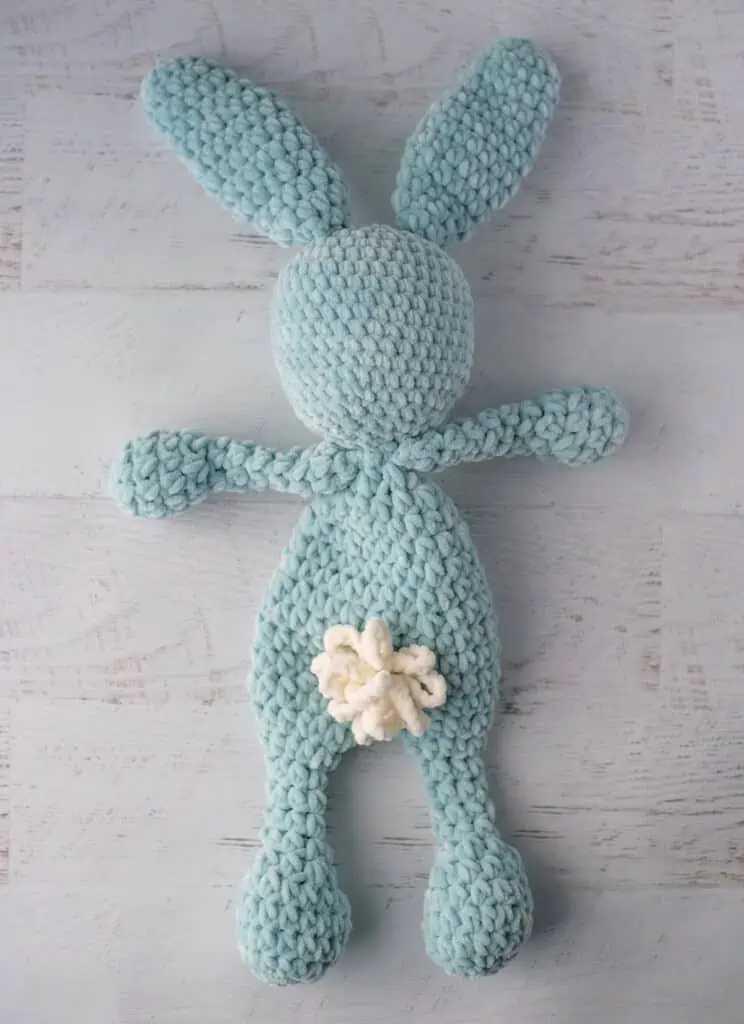 blue bunny crochet snuggler with loopy tail