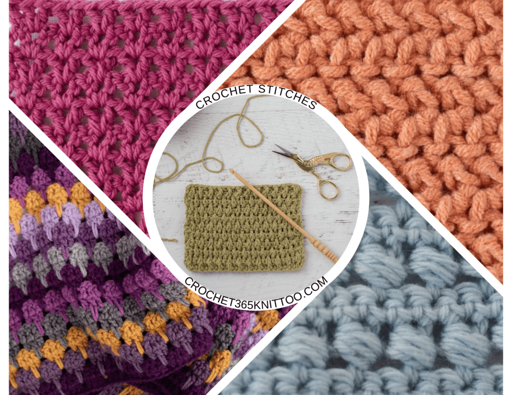 collage of various crochet stitches in bright color yarns