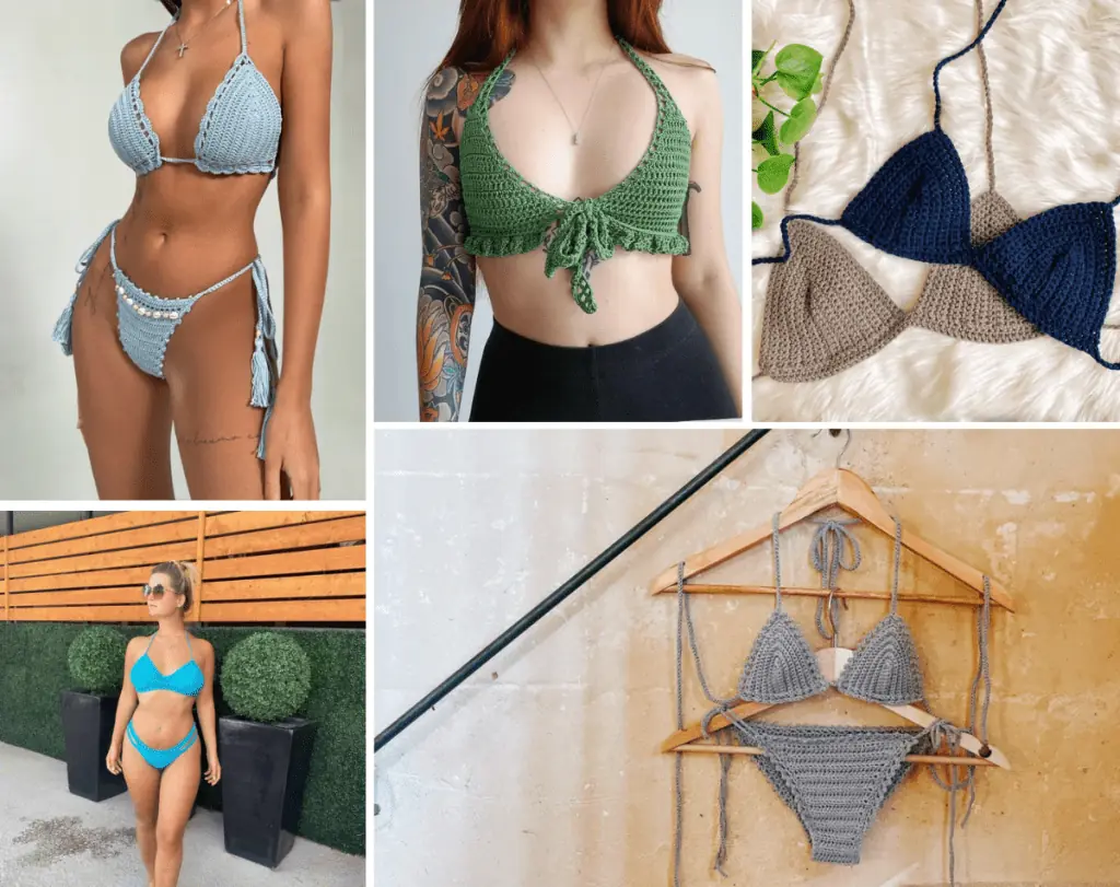 A collage of five different bikini patterns, including a light blue bikini set, a green bikini top, grey and blue bikini top, a bright blue crochet bikini set, and a grey bikini set.