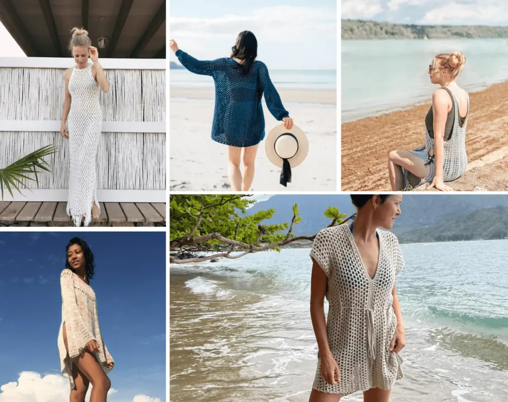 Five crochet items in a college, including a long white Crochet Beach Cover-Up, a short crochet tunic, a long grey Crochet Beach Cover-Up, a short tee shirt dress, and a mesh Crochet Beach Cover-Up.