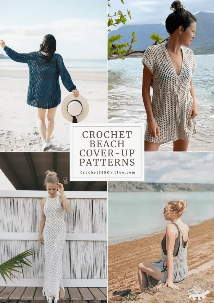 Four crochet beach cover-ups in a collage, including a blue crochet tee-shirt dress, a mesh crochet beach over-up, a long white dress with fringe along the bottom, and a grey crochet beach cover-up with open sides.