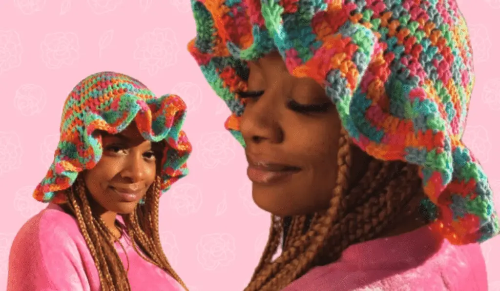 A variety of colors with a ruffled brim on this crochet bucket hat.