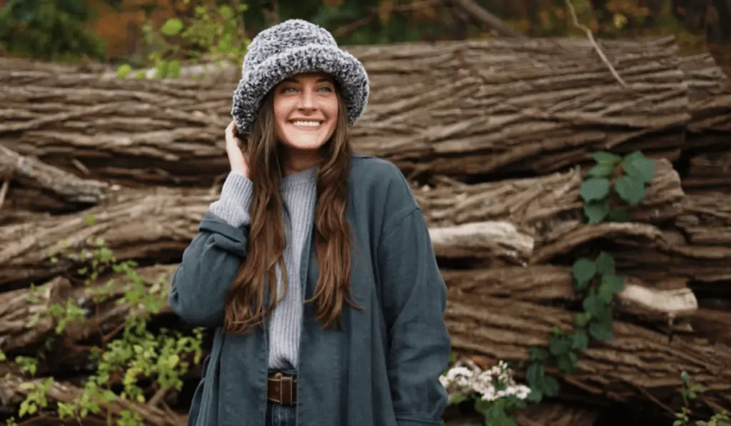 A grey faux fur bucket hat.