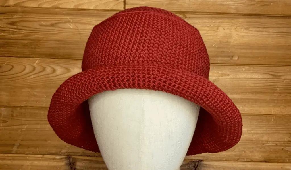 A red crochet bucket hat.