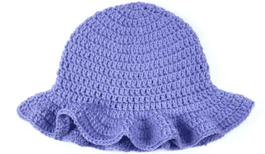 A purple crochet bucket hat.