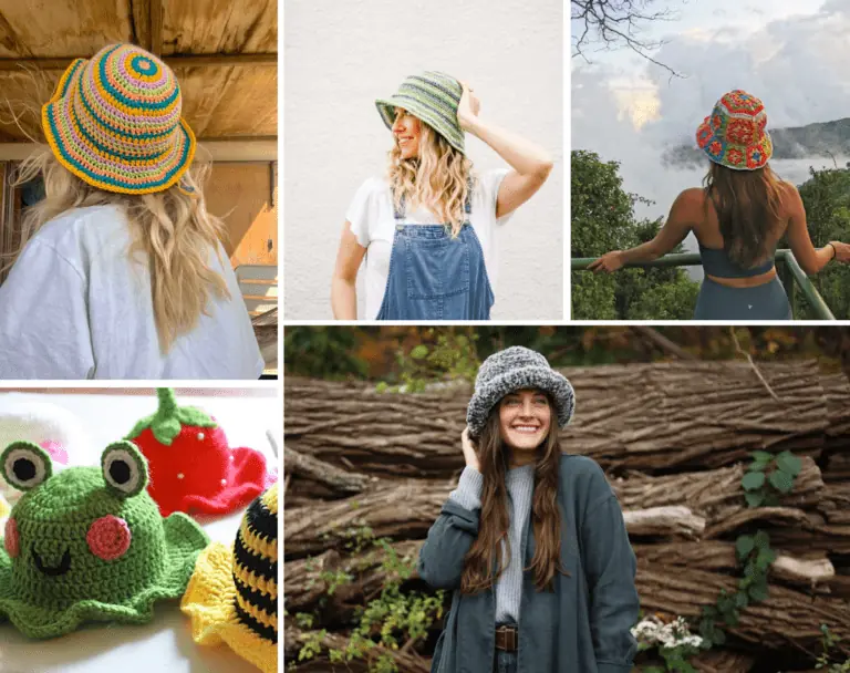 Five crochet bucket hats in a collage, including a hat with multicolored rows, a hat with rows in different shades of green, a granny square crochet hat, a frog crochet hat, and a faux fur crochet hat.