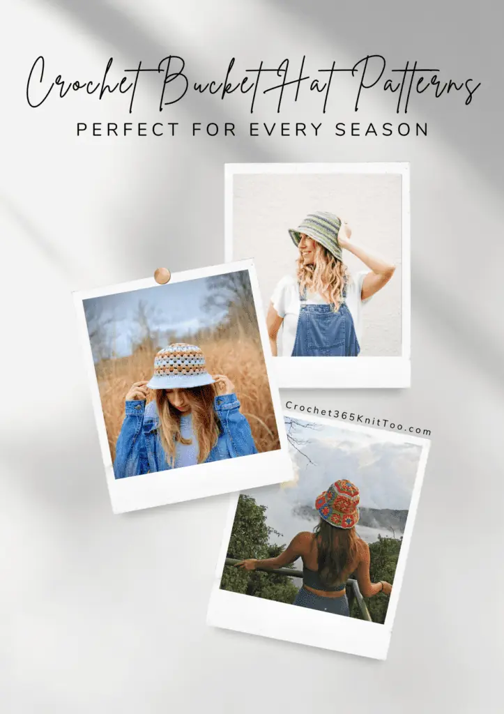A Pinterest image with the crochet bucket hat patterns on it, including a green striped hat, a hat with rows of colors and white brim, and a granny square crochet hat.