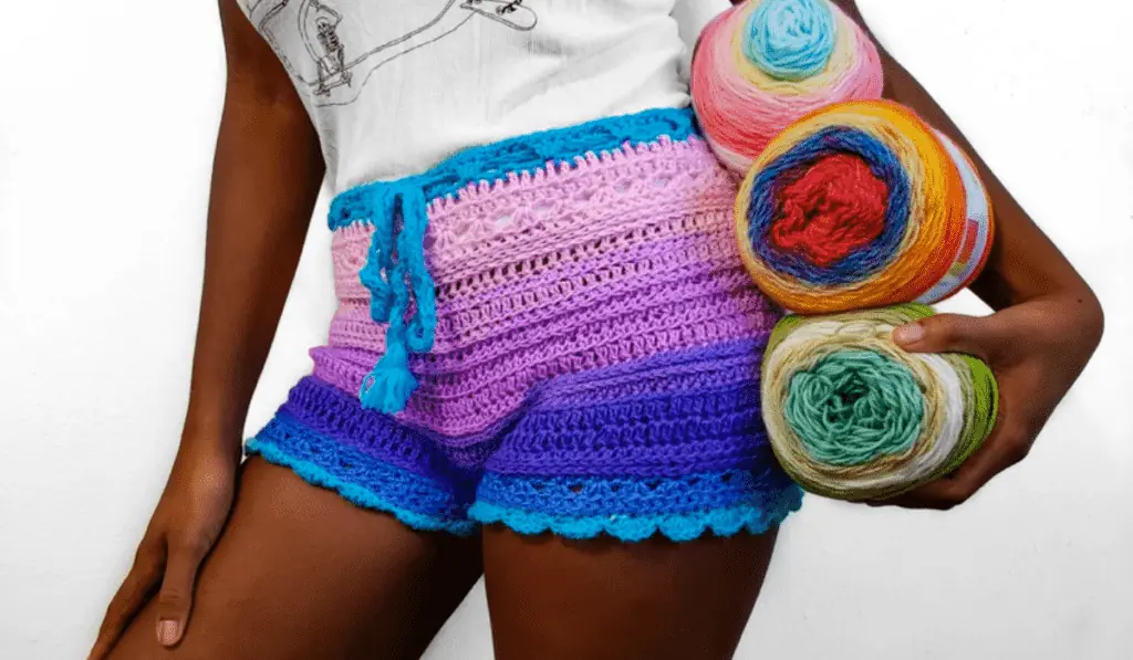 Colorful crochet shorts with a variety of stitches to make up the shorts.