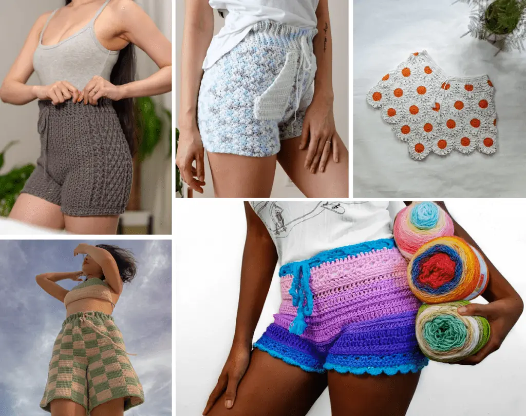 A five-photo collage with brown crochet shorts, blue crochet shorts, flower motif crochet shorts, checkered crochet shorts, and multicolored shorts.