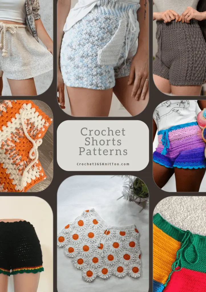 A Pinterest image that includes eight crochet shorts patterns, off-white flowy shorts, baby blue with obvious pockets shorts, brown cable shorts, orange and white crochet shorts, colorful shorts, black crochet shorts with lines or red, yellow, and green along the bottom, flower motif crochet shorts, and color block crochet shorts with yellow, blue, green, and red blocks of color.