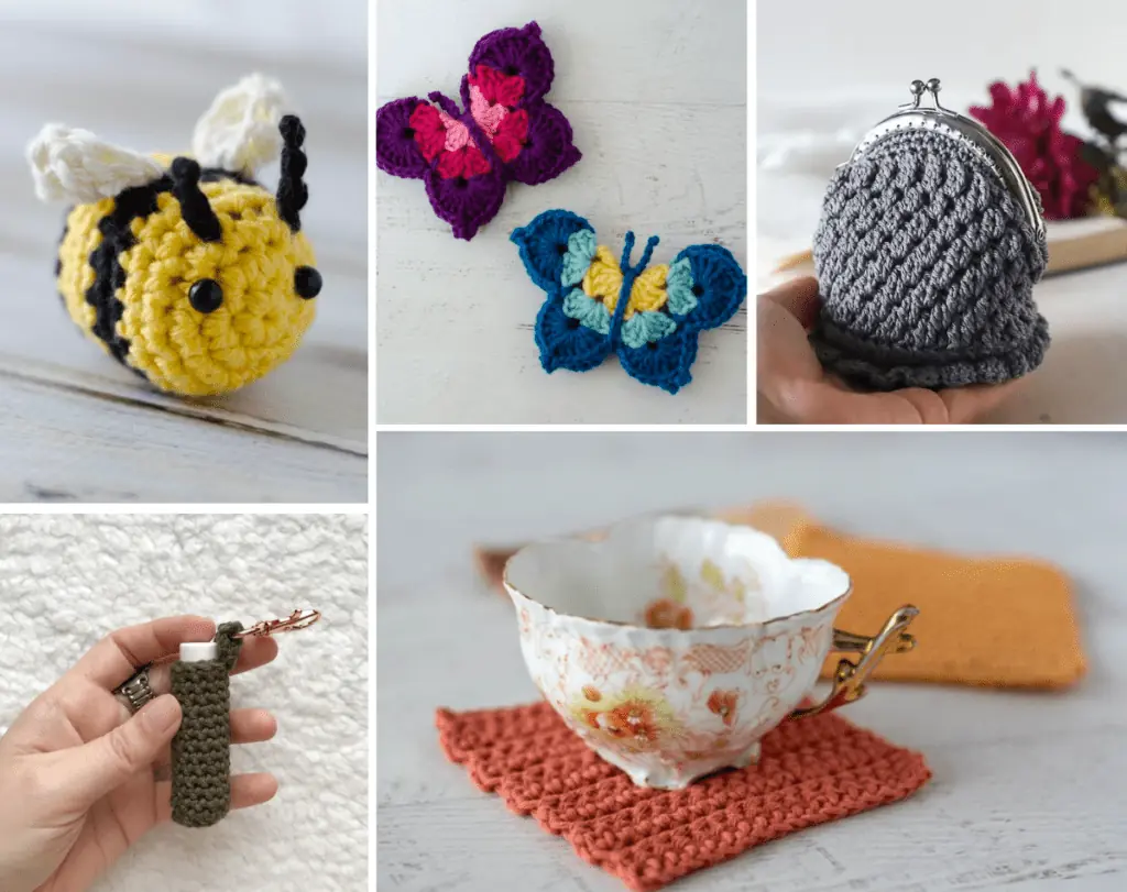 Five crochet patterns in a collage, one is a crochet bee, one is crochet butterflies, one is a crochet coin purse, one is a crochet chapstick holder, and one is a crochet coaster.