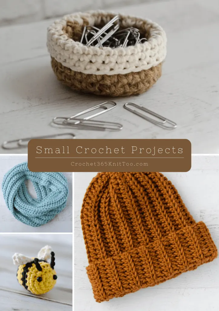 A collage with four crochet patterns, including a small basket, a scarf, a bee, and a ribbed beanie.