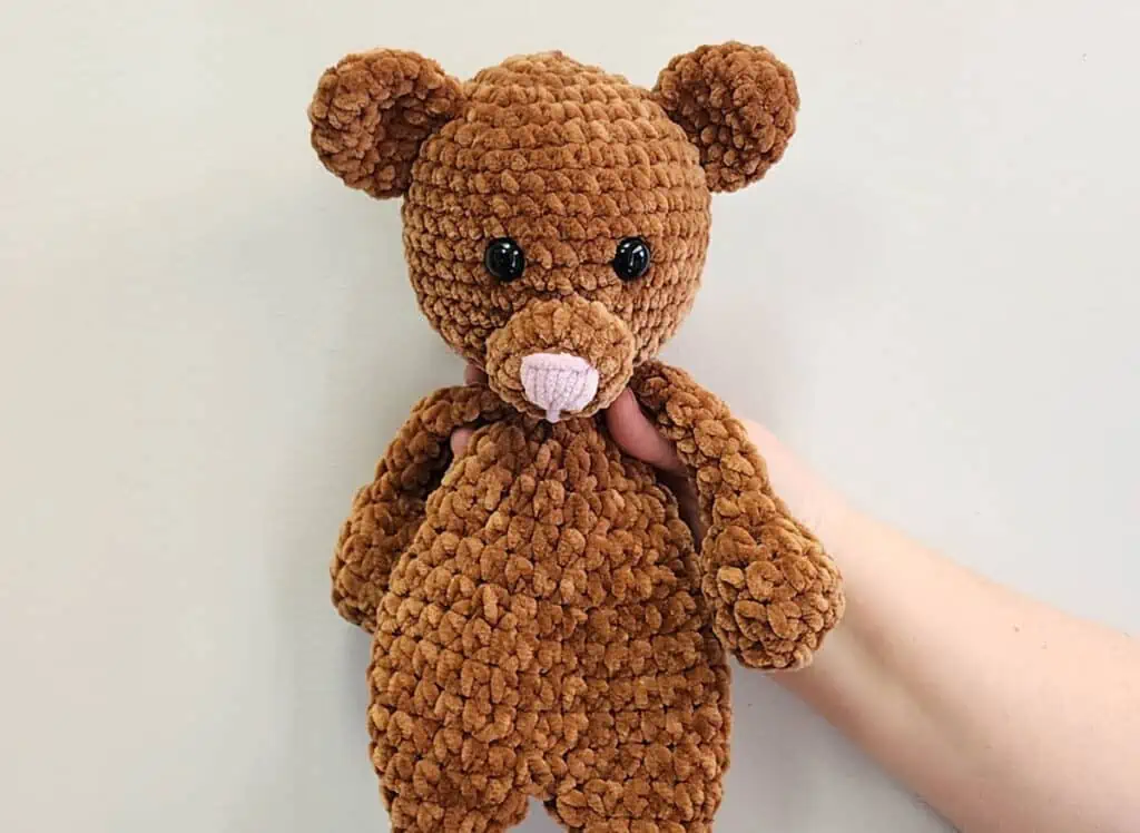 Brown Bear Snuggler in velvet yarn