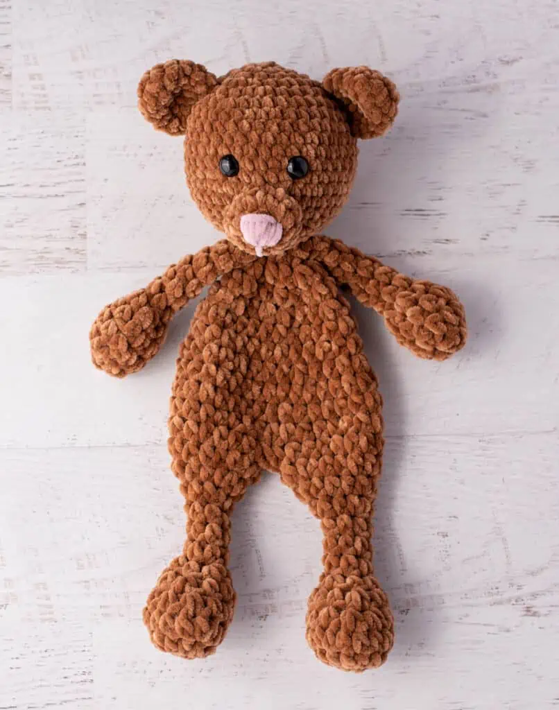 Brown Bear Snuggler in velvet yarn