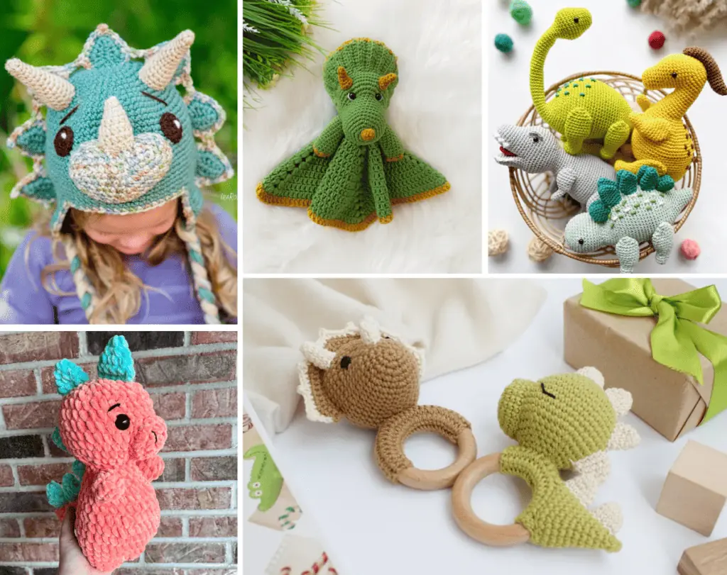 A collage of five crochet dinosaurs, including a triceratops hat, a dinosaur baby blanket, a bowl of four different dinosaurs, a chunky yarn crochet dinosaur and two dinosaur rattles.