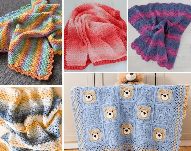 A collage of five crochet baby blanket patterns, including a bear square blanket, a blanket with stripes of white, yellow, and blue, a ripple blanket with pink and blue stripes, a pink ombre blanket, and a rainbow blanket.