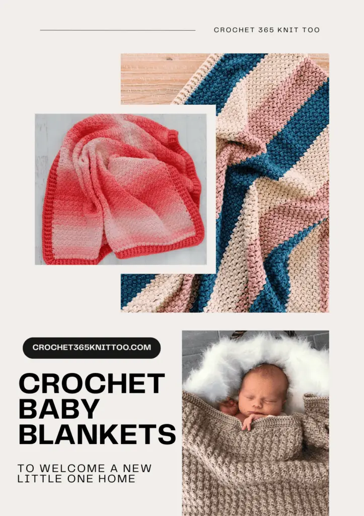 A Pinterest image with three crochet baby blanket patterns, including a pink ombre pattern, a bold color-blocked blanket pattern, and a beige crochet blanket over a baby.