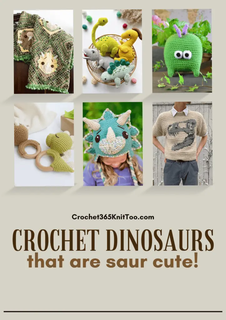 A Pinterest image that features multiple crochet dinosaur patterns, including a dinosaur blanket, four different types of dinosaurs in a bowl, a square shaped dinosaur, to dinosaur rattles, a dinosaur hat, and a t-rex shirt.
