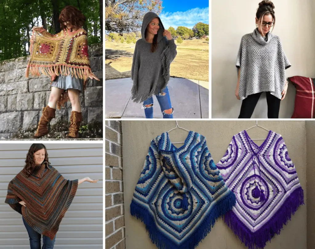 A collage of crochet ponchos, including a boho-style poncho with a design featuring large squares, a grey poncho with a hood, a light grey poncho that is straight across on the bottom, a multicolored poncho that has a cowl neck, and a flower poncho with a hood.