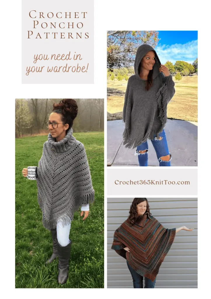 A Pinterest image with three crochet poncho patterns, one that is grey with a hood, one that has a turtle neck, and one that is a cowl neck.