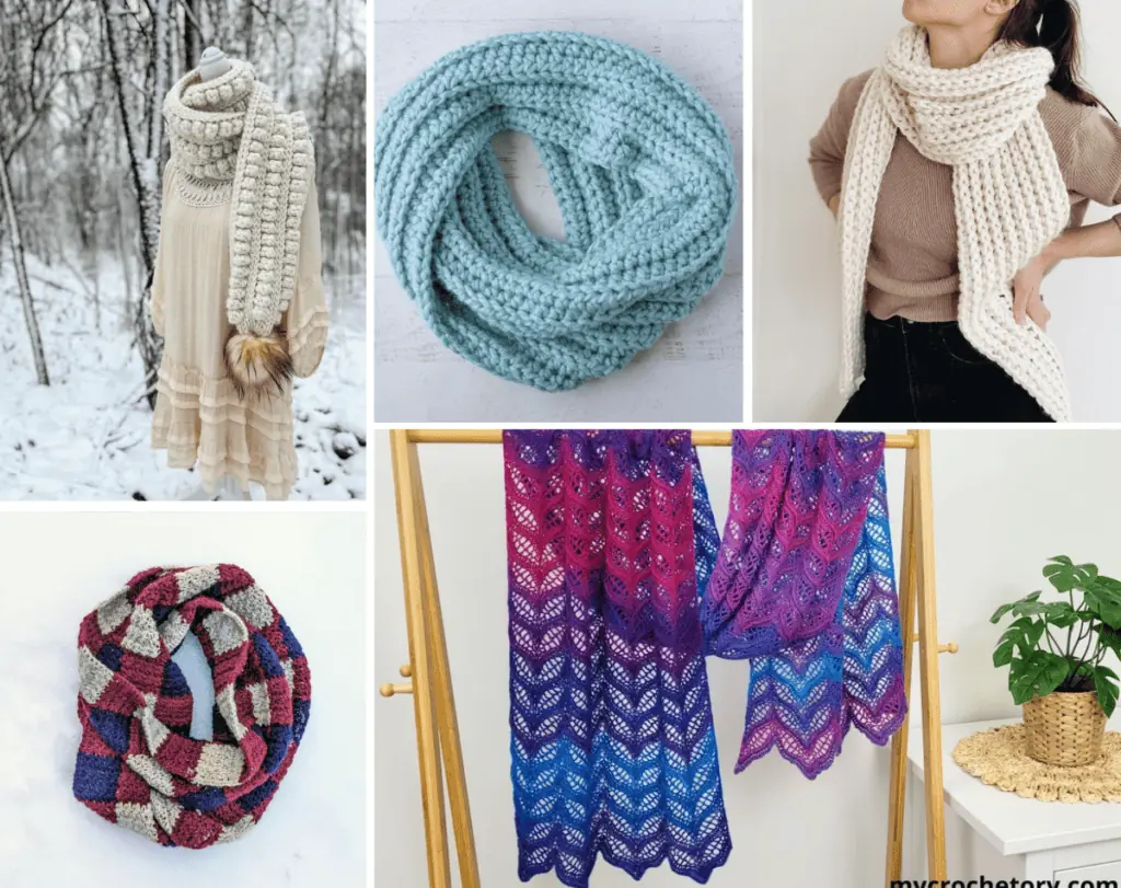 A collage of five scarves, including a bobble white scarf, a blue ribbed scarf, a white cunky scarf, a checkered scarf, and a airy multicolored scarf.