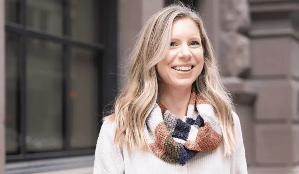 A color-blocked crochet infinity scarf.